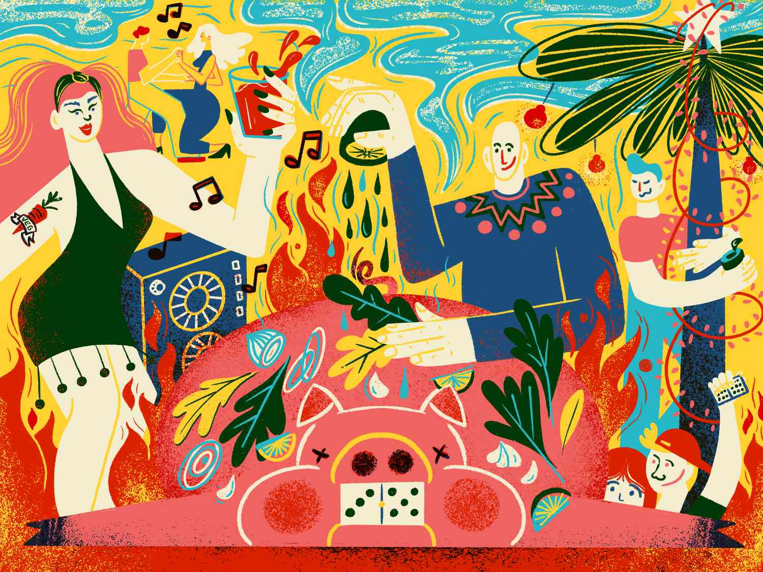 节日的多彩和密集的插图在迈阿密古巴烤猪。