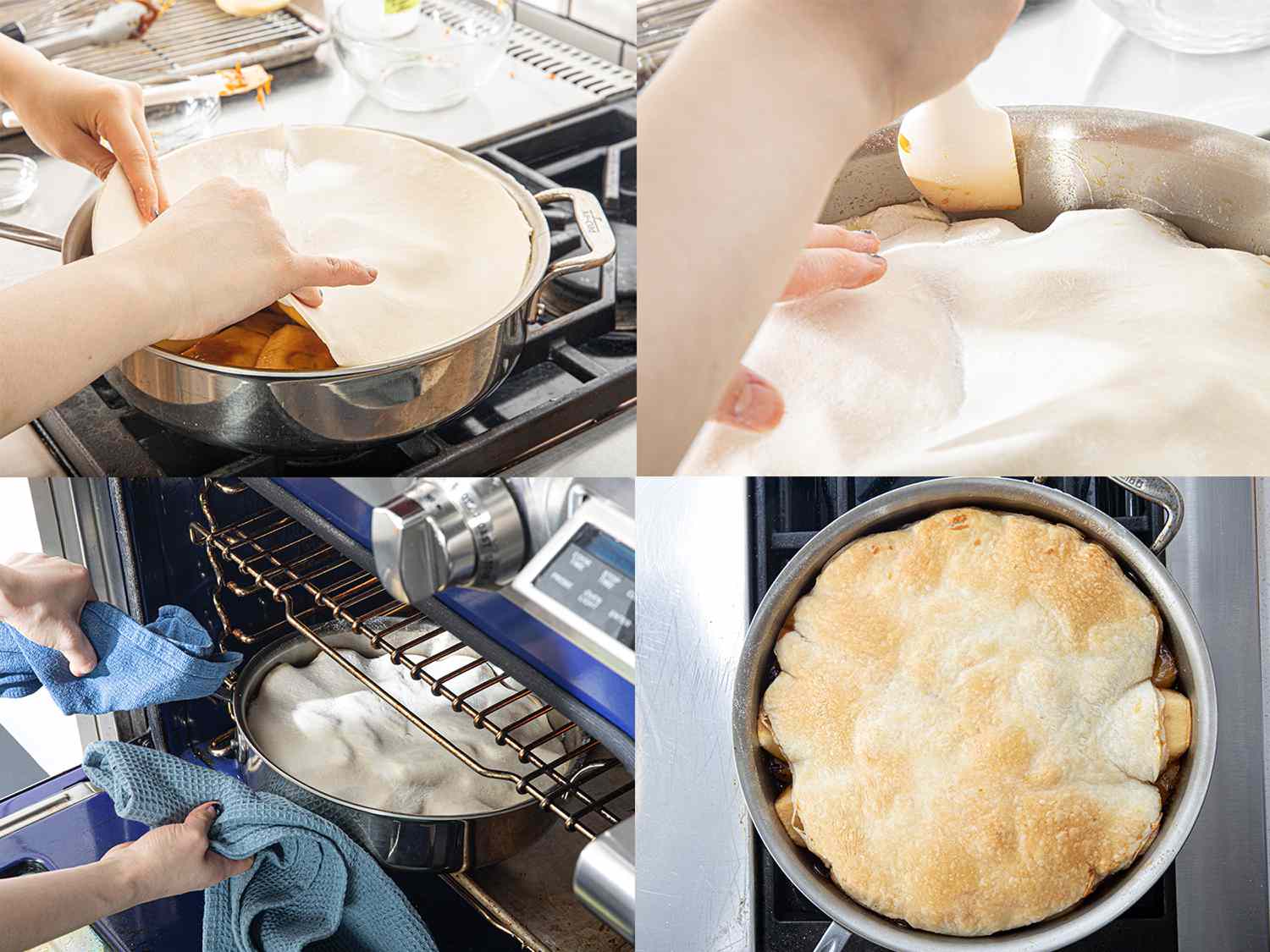 Four image collage of placing dough on apples, tucking dough into side of apples, placing it in the oven, and finished tarte tatin out of the oven, still in skillet