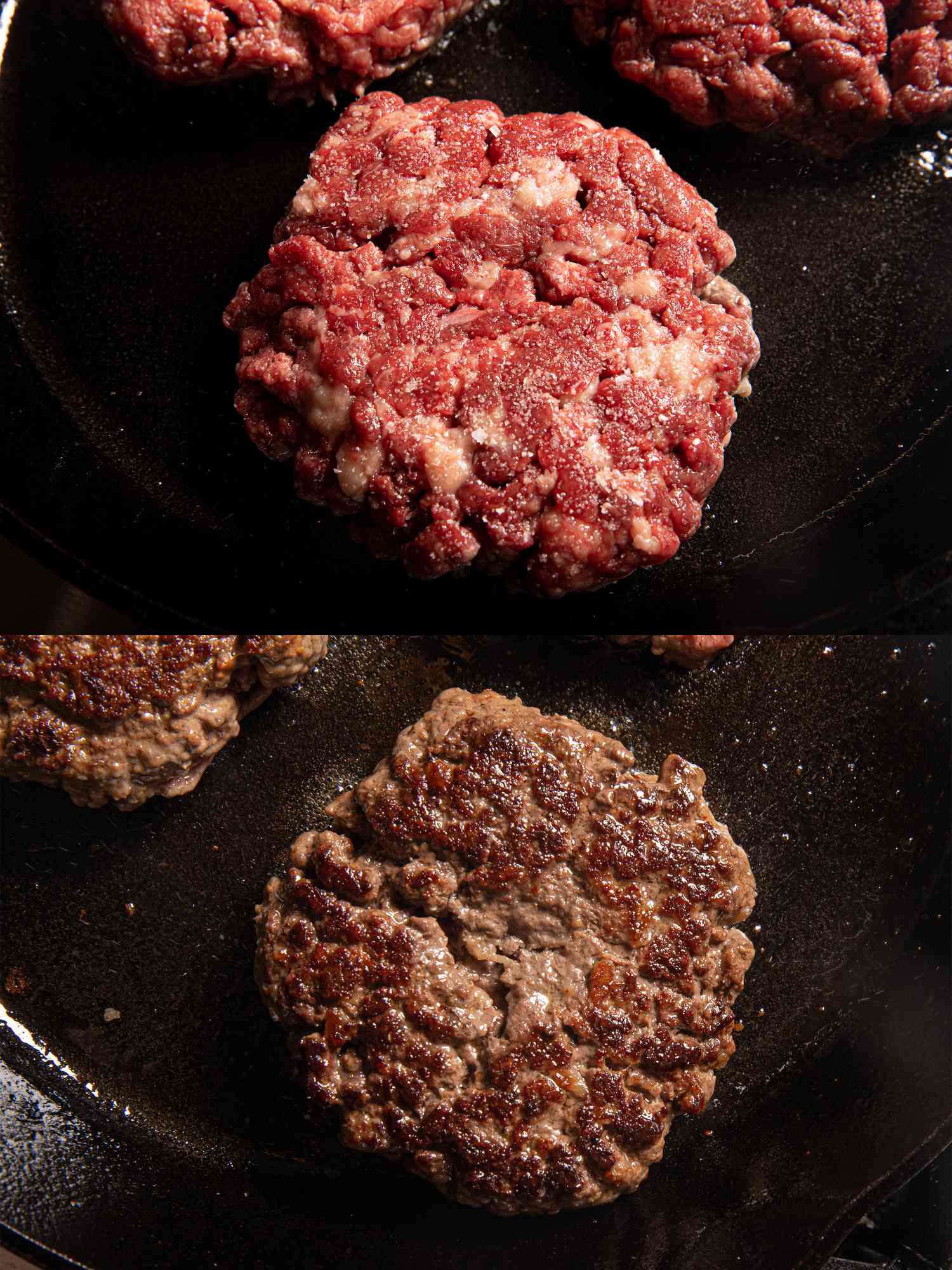 Two image collage of a waygu burger in a pan before and after being cooked