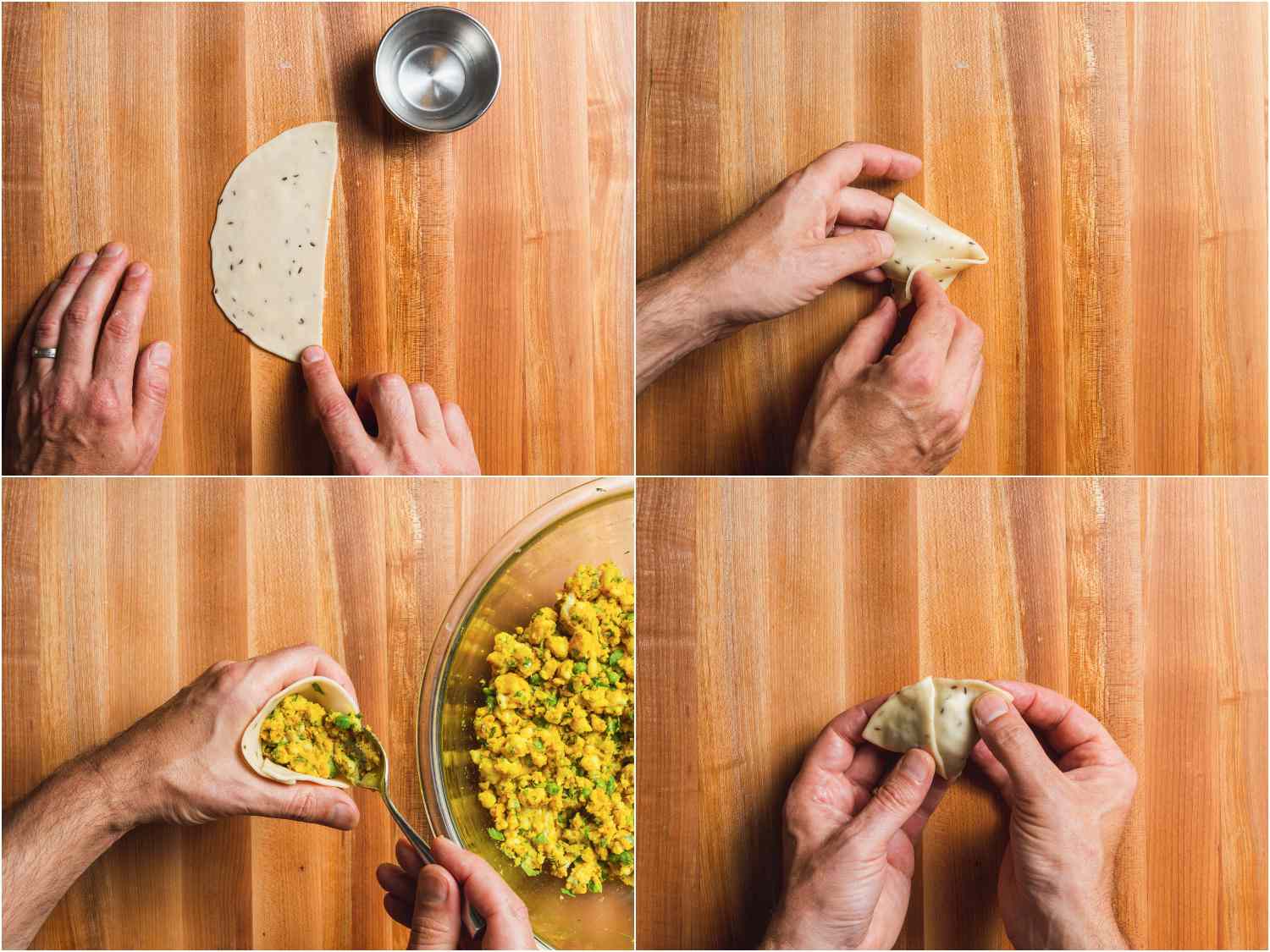 Collage of photos showing stuffing procedure for aloo samosa