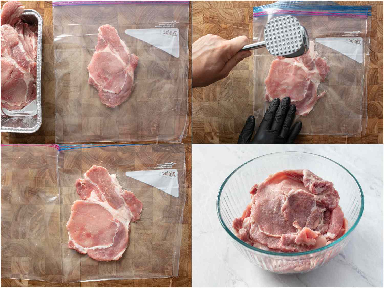 拼贴:把去骨猪肉捣成薄片