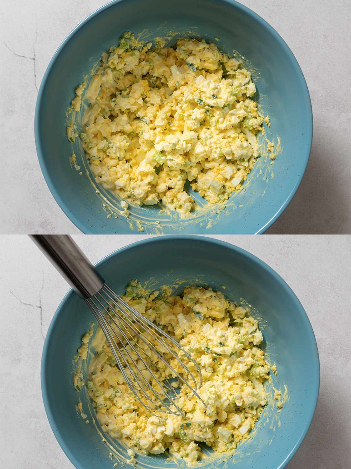 两幅图像的拼贴画。上图显示的是鸡蛋沙拉的配料组合在一个蓝色的陶瓷碗里。开云体育波胆下面的图片显示了原料被搅拌器碾碎并牢牢地混合在一起。开云体育波胆