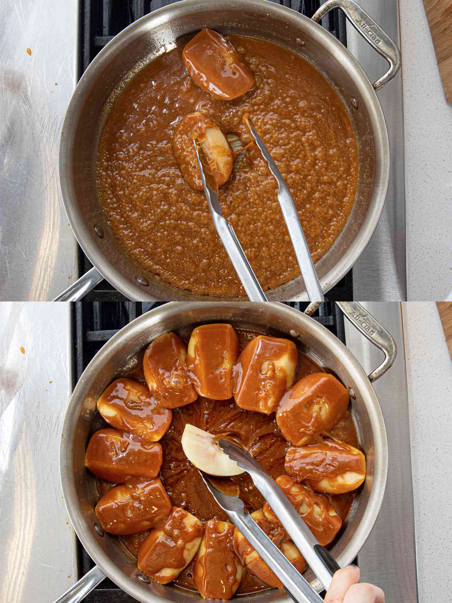 Two image collage of dipping apple in caramel in pan and creating a. ring