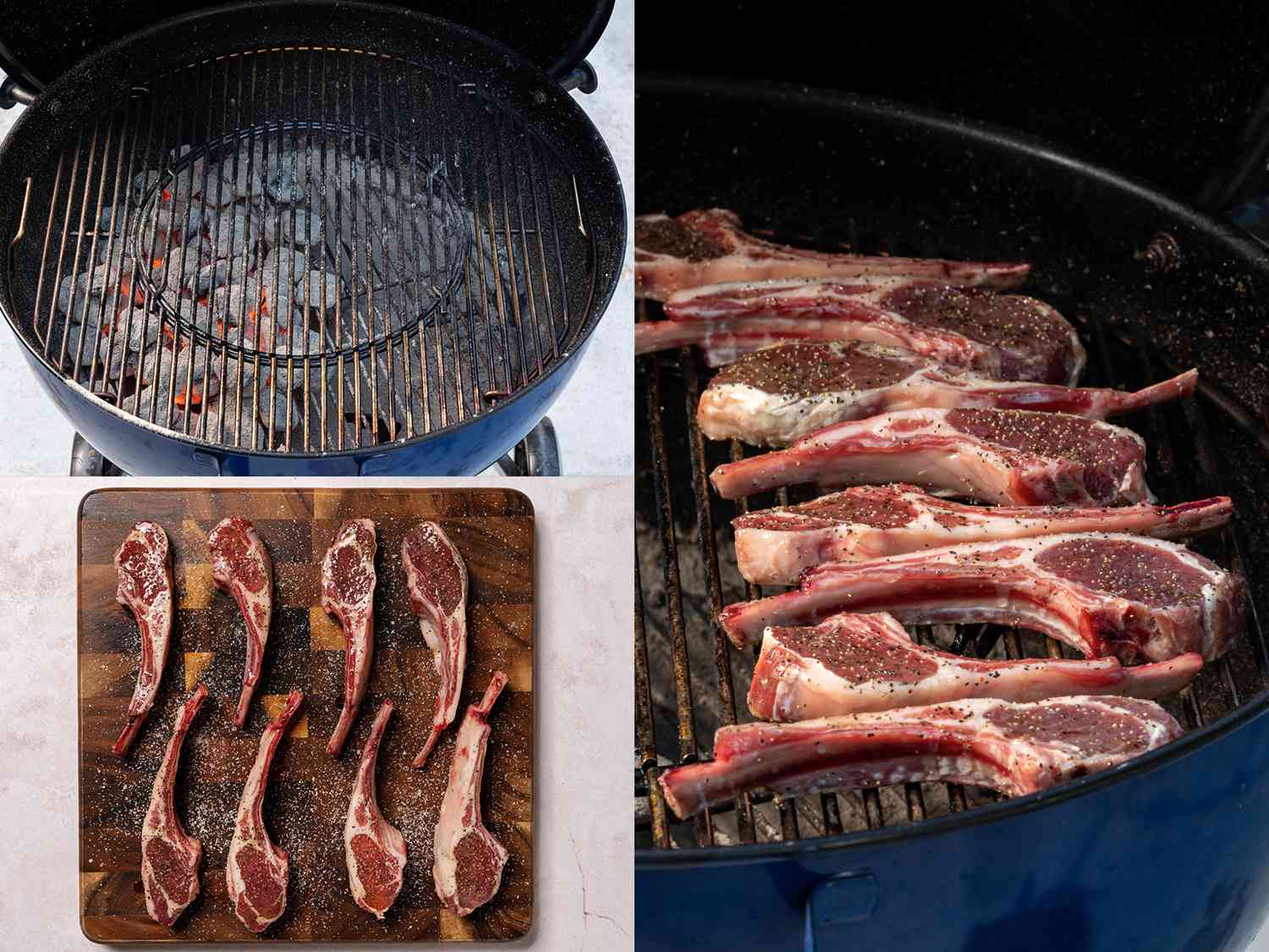 三幅图片的拼贴。左上角的图片显示了一个木炭烧烤准备烹饪。左下角的图片显示了在砧板上调味和休息的生羊排。右图显示了调味的，未煮熟的羊排骨放在烤架上。gydF4y2Ba