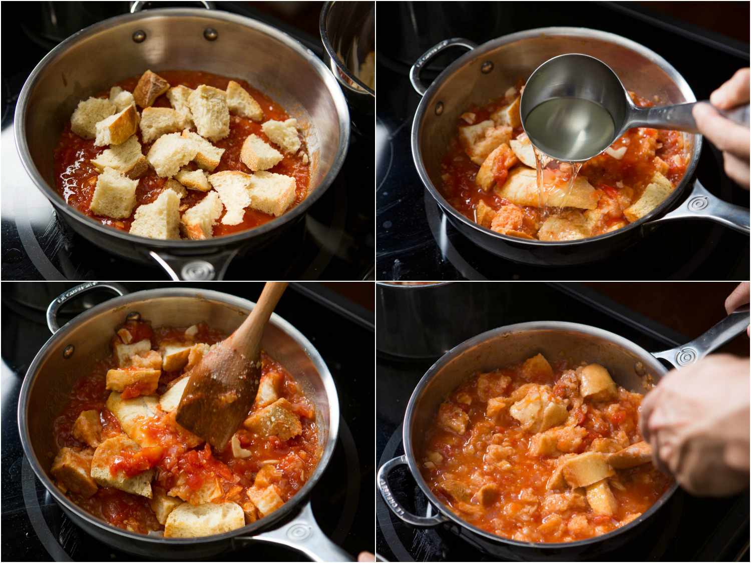 Collage of bread being added to the tomato mixture along with vegetable stock. The bread is stirred in and broken up slightly.