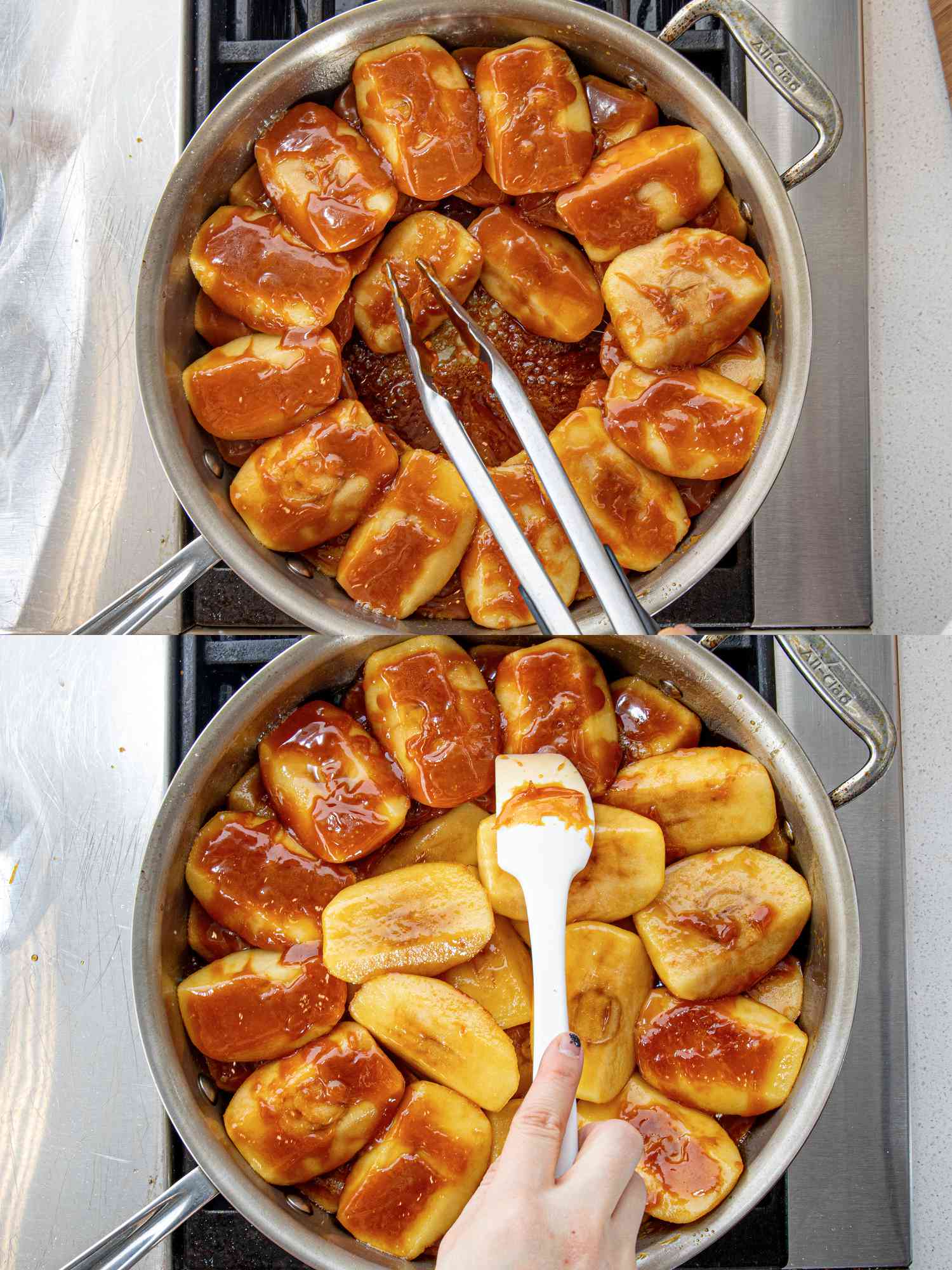 Two image collage of overhead view of creating second layer of apples covered in caramel and pushing down with a silicone spatual