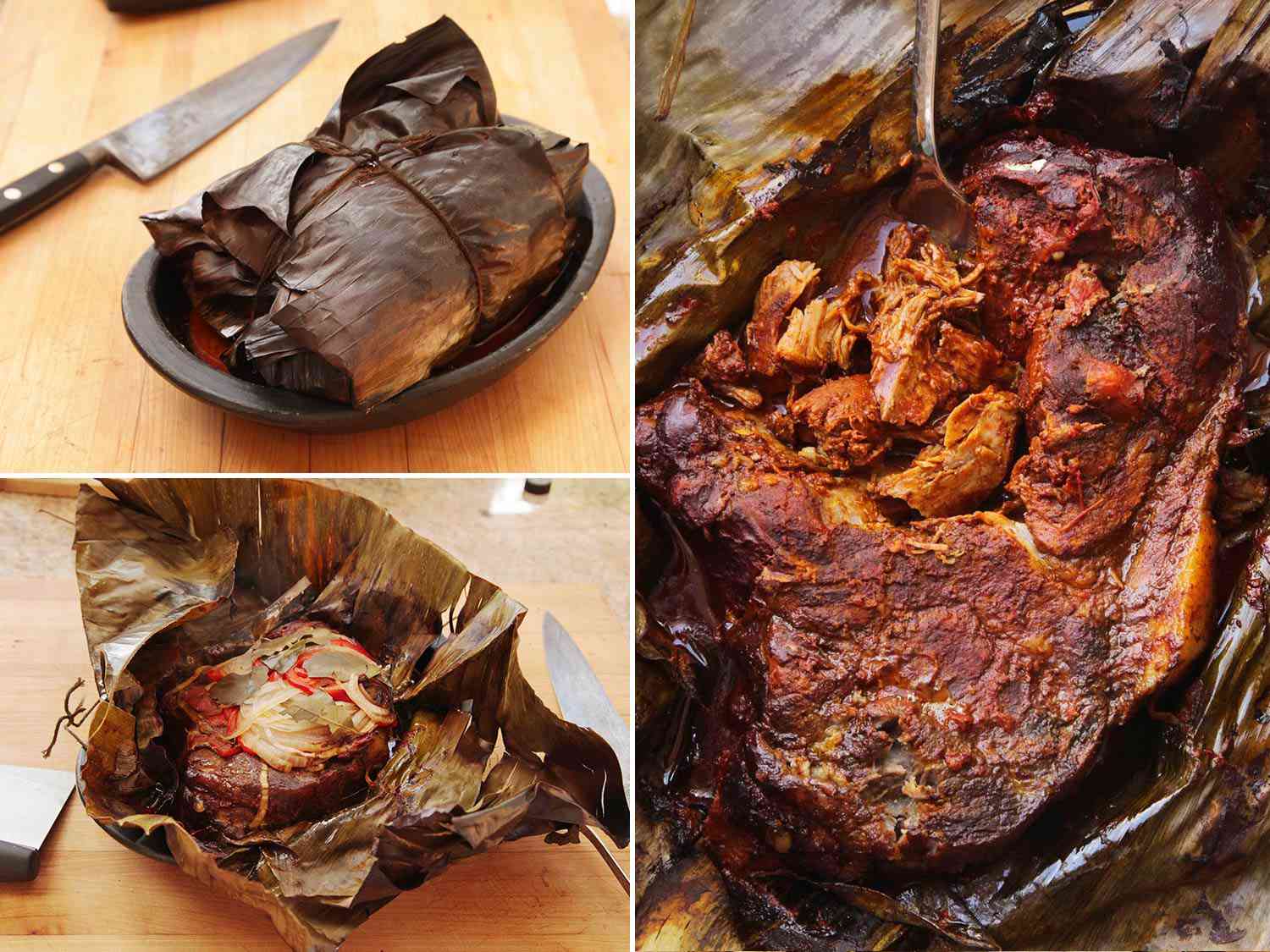 A collage of cochinita pibil recipe photos including cooked in the banana leaf, and opening it up.