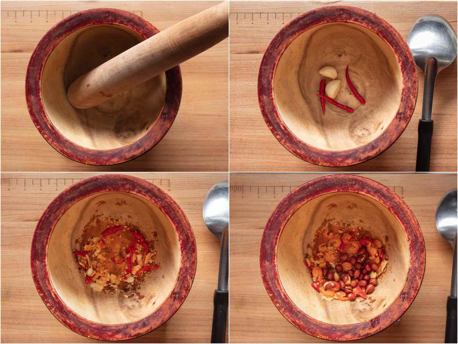 用木臼和杵捣碎辣椒、大蒜、干虾和花生。