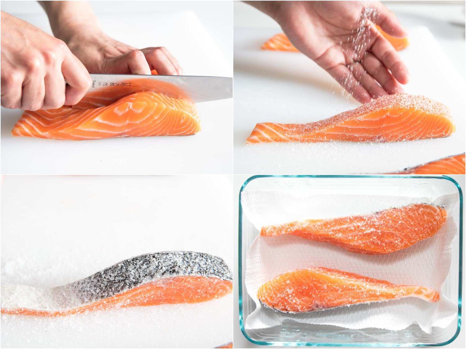 将三文鱼切成鱼片，加盐，用盐裹住三文鱼鱼片，盐腌的鱼片放在玻璃盘子里的纸巾上