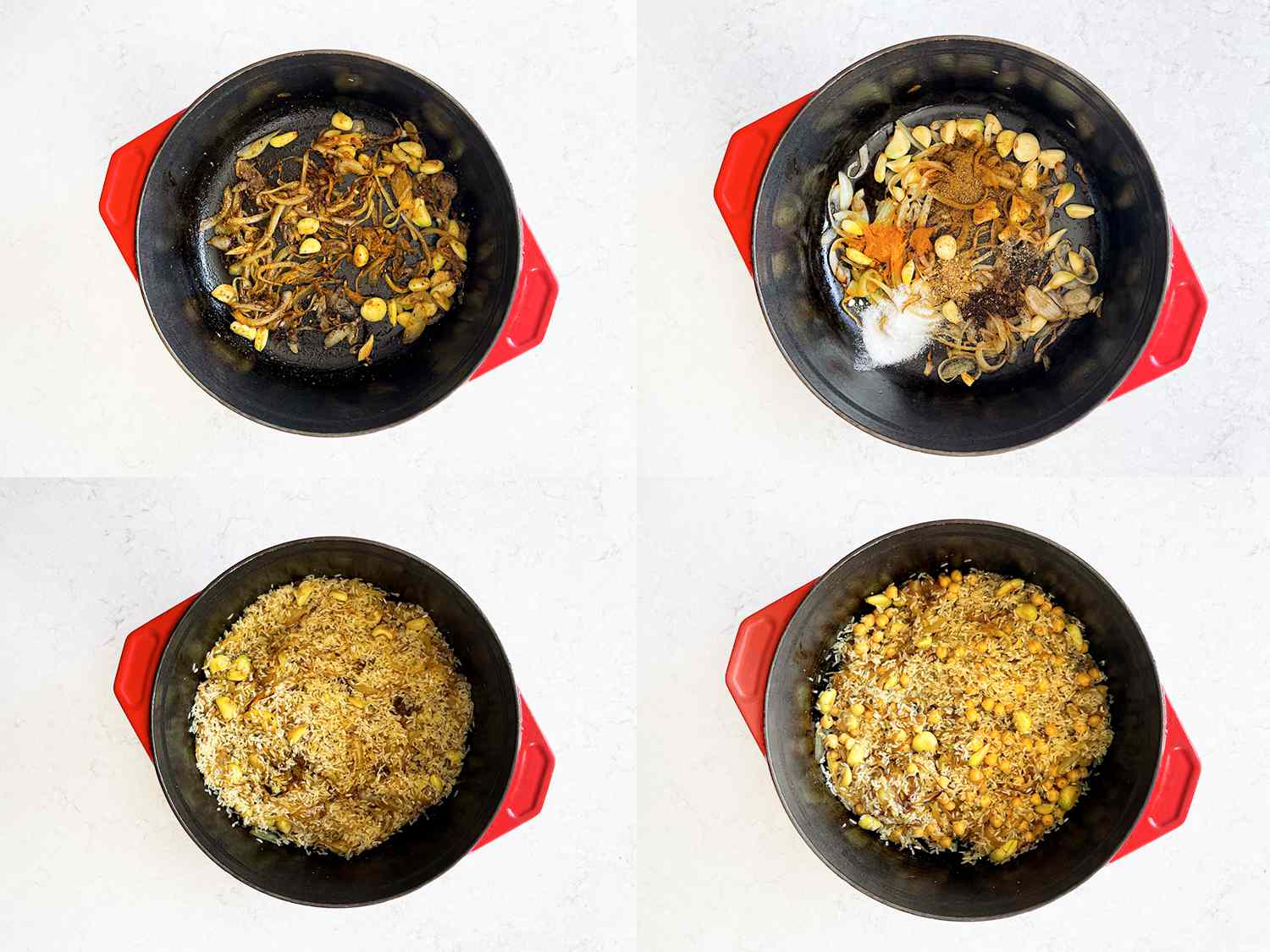 四个图像拼贴大蒜，香料，大米和鹰嘴豆被添加到荷兰烤箱