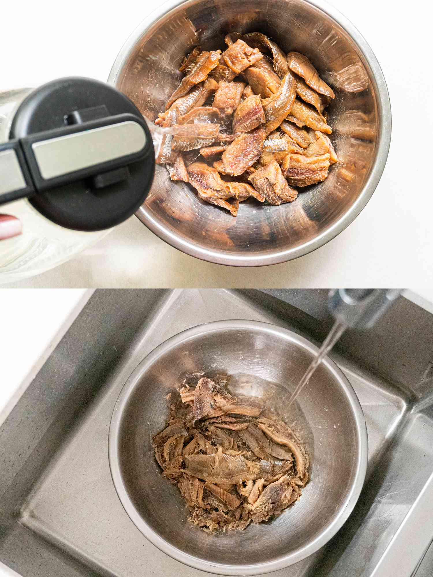 Two image collage of pouring boiling water over fish and rinsing it in sink