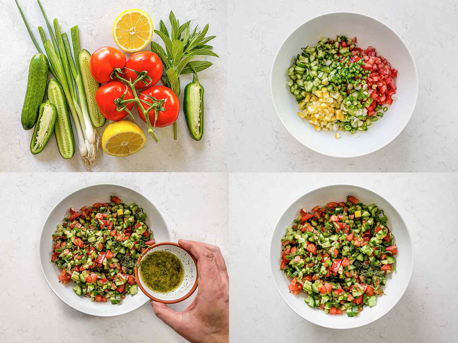 四个图像拼贴。从左上顺时针依次为:新鲜辣椒、番茄、辣椒、柠檬;所有蔬菜在碗里切碎，不混合;调味料被添加到碗中完成沙拉在碗中。