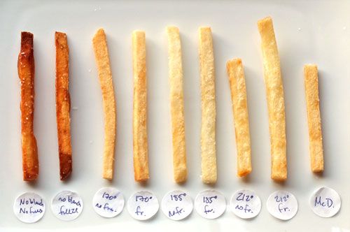 测试照片显示了冷冻和未冷冻的麦当劳式薯条，烹饪到不同的温度。