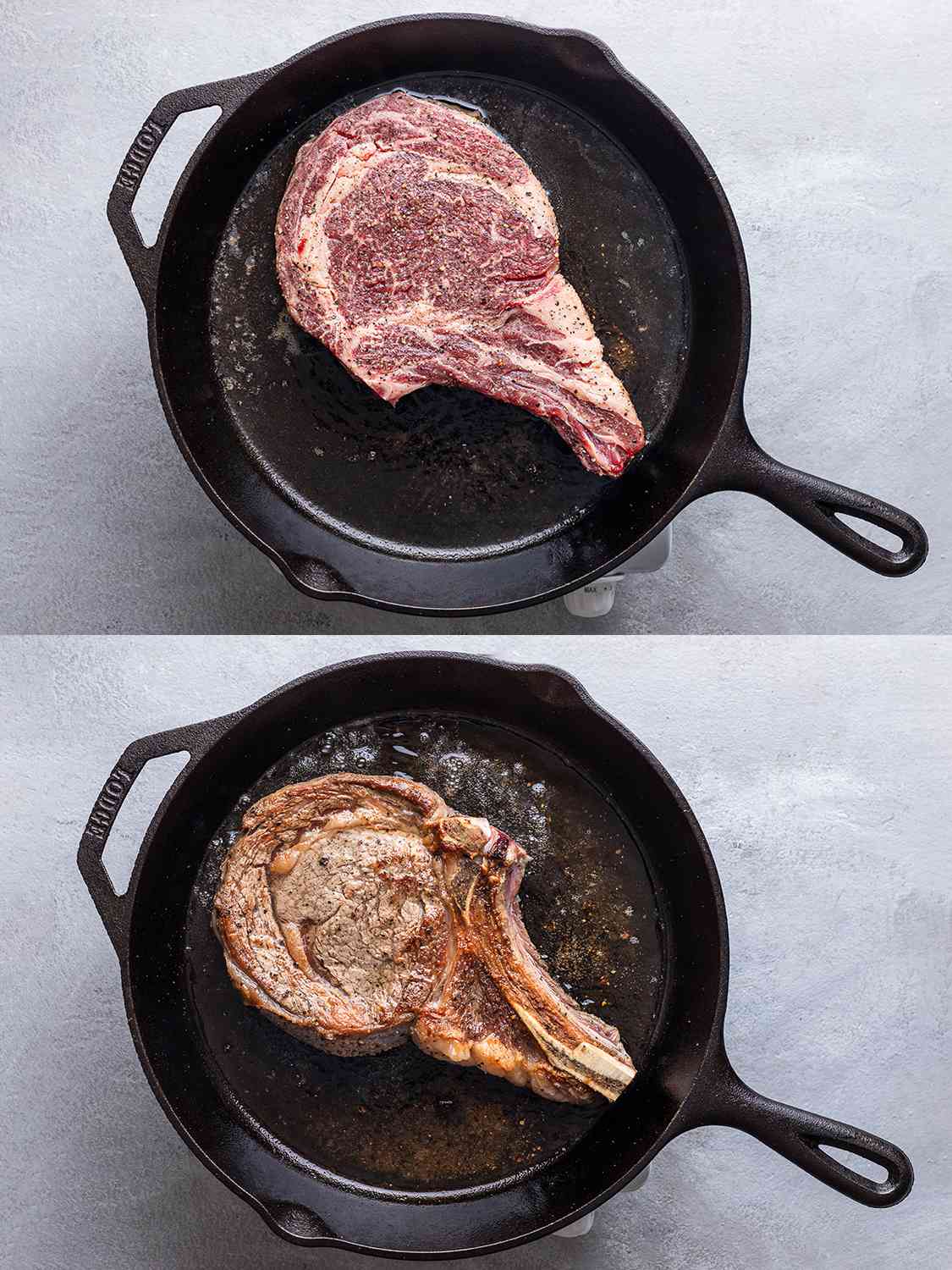 这是一幅两张图片的拼贴画，展示了牛排被放入热的铸铁锅中，然后翻转过来，显示出已经变成棕色的一面。