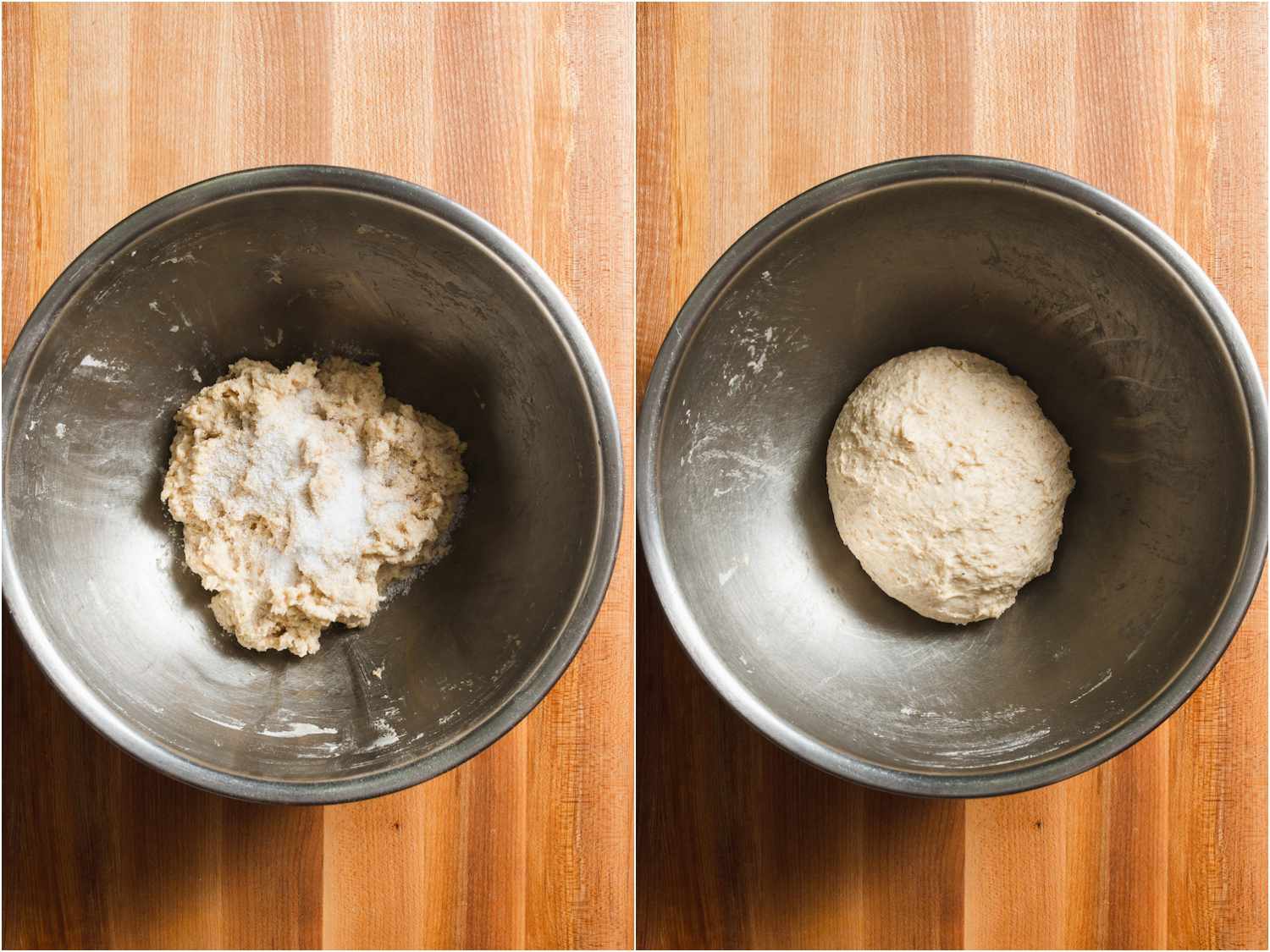 在面团中加入盐，在碗中揉搓至完全融合。