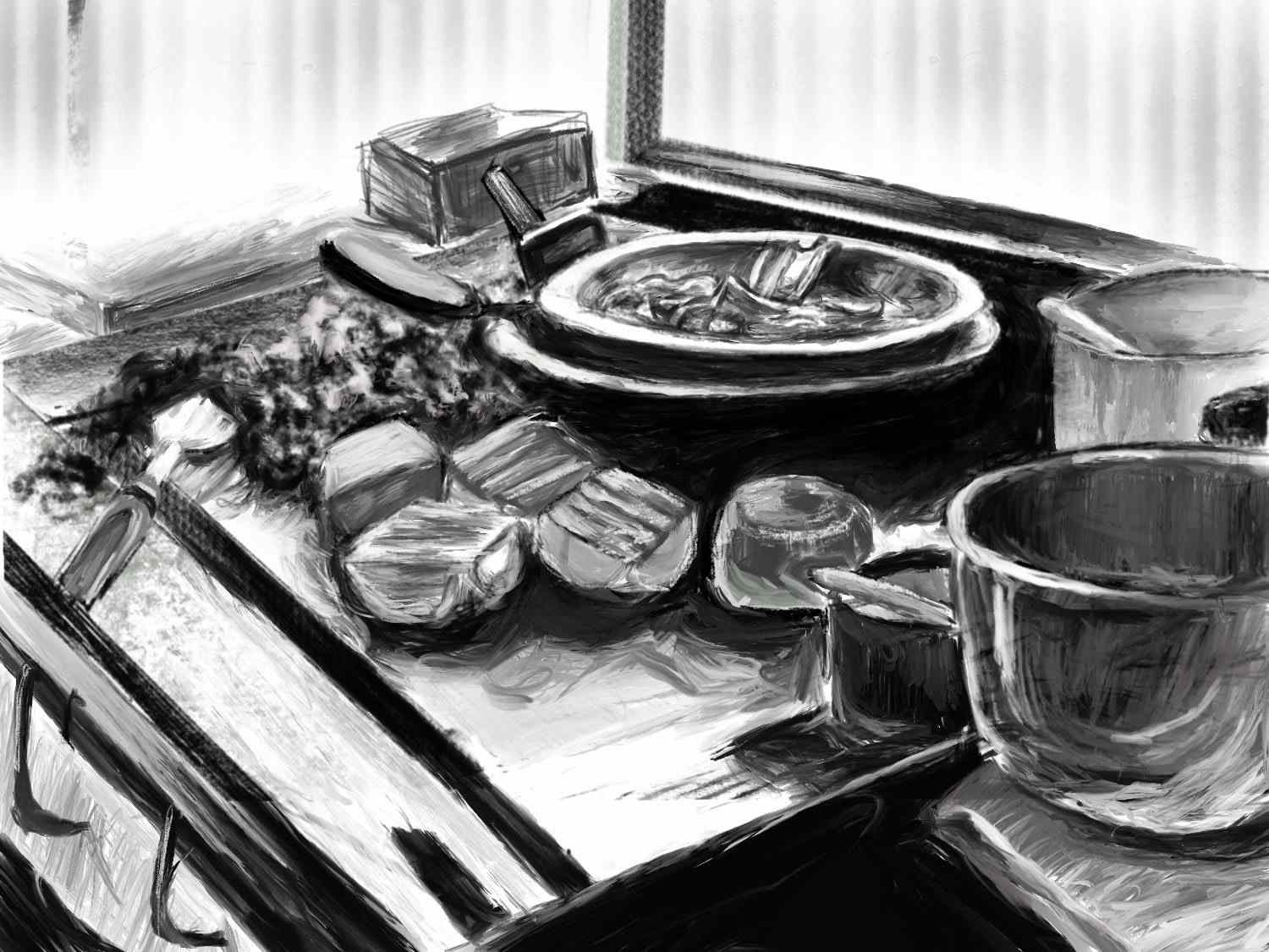 大苹果旅馆里的平底锅的黑白插图，有锅碗瓢盆，三明治面包和成堆的肉