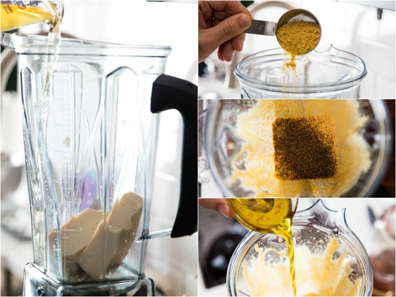 将酱料加入搅拌机的拼贴图。开云体育波胆最后一张图显示的是橄榄油被淋进运行中的搅拌机。gydF4y2Ba