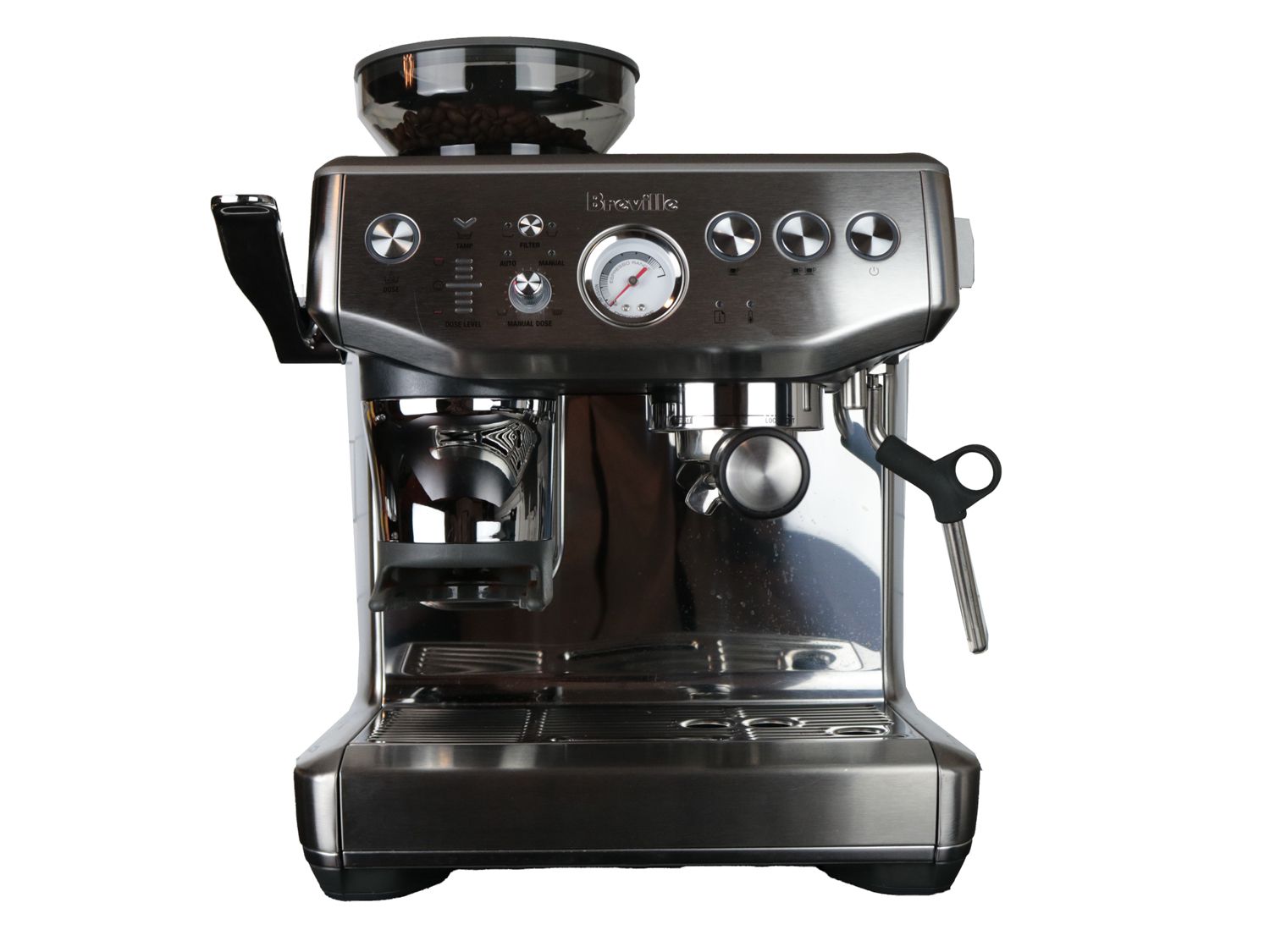 an espresso machine with a built-in grinder on a white background
