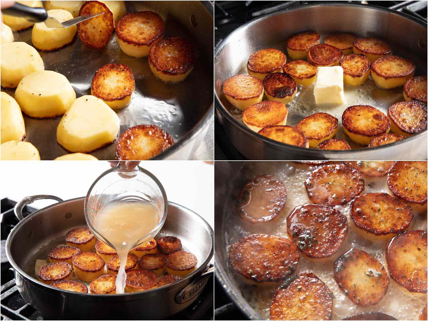 在锅里翻炒土豆，加入黄油，香料和鸡汤。