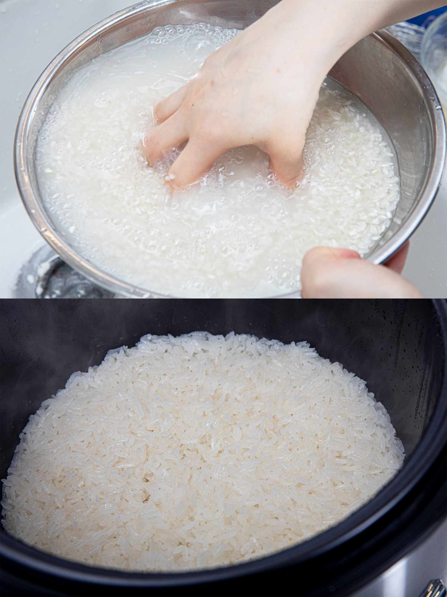 Two image collage of washing rice and it in rice cooker