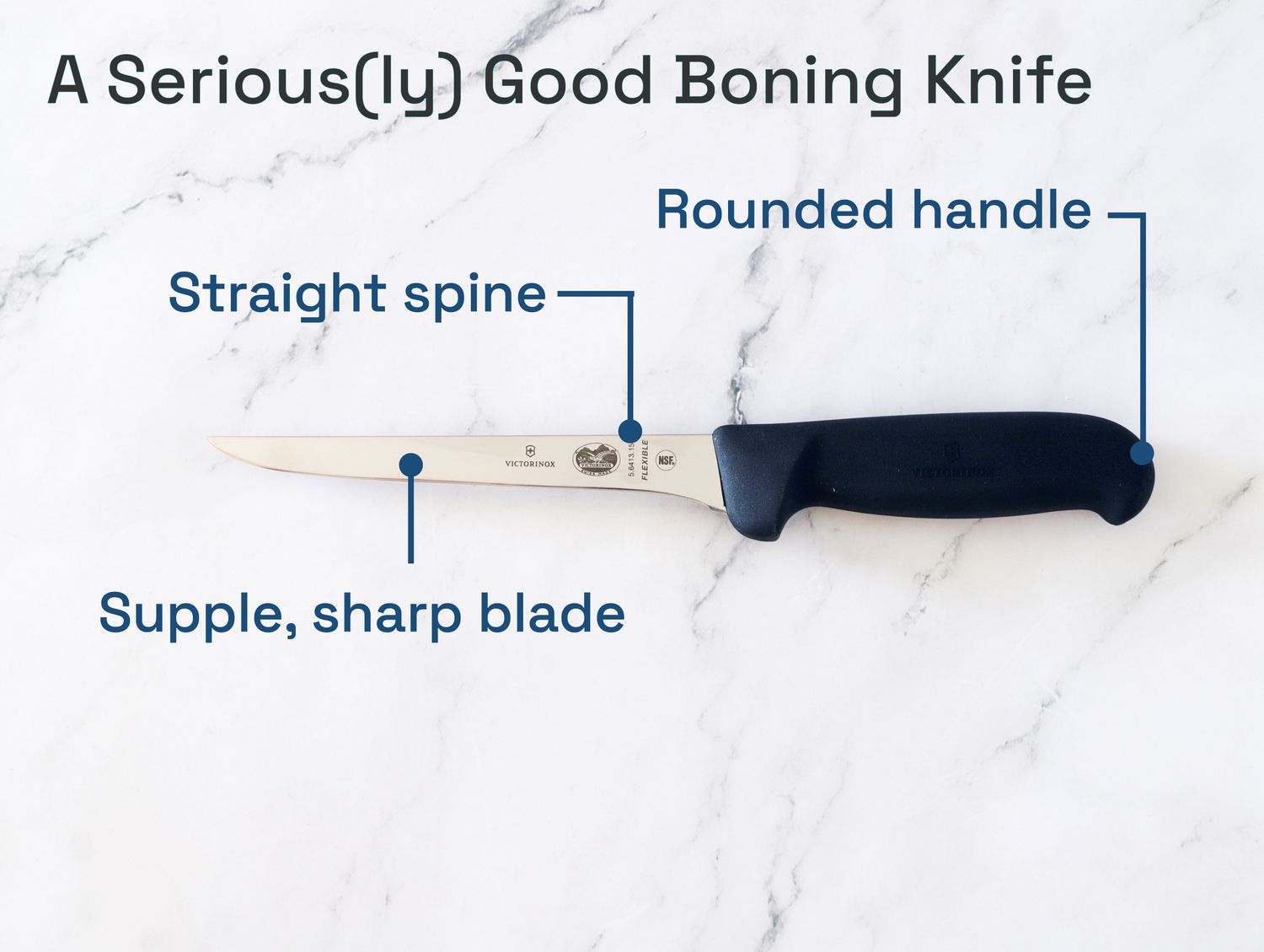 一把真正好的去骨刀应该是直脊、圆柄和柔软锋利的刀刃。