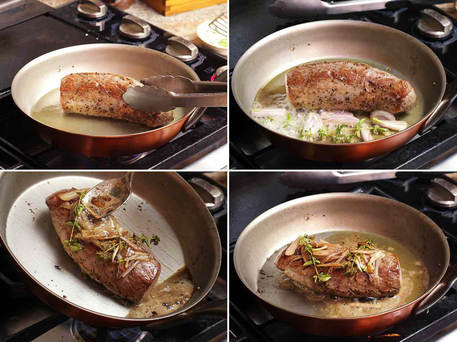 Photo collage showing steps to searing sous vide pork tenderloin and basting it with butter, herbs, and shallots.