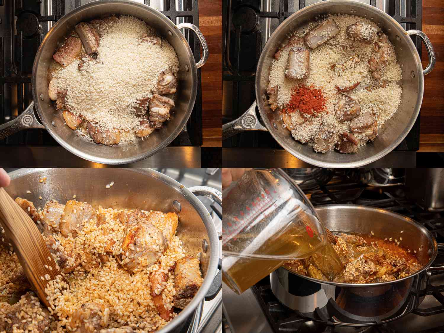 4 image collage of an overhead view of adding rice, paprika, stirring and adding stock