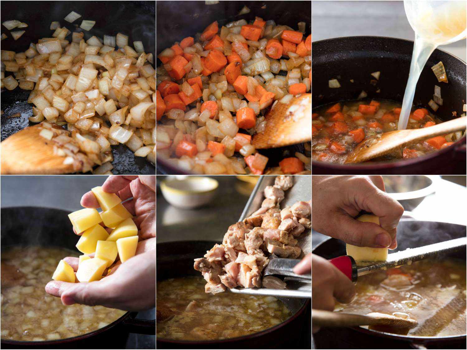 照片拼贴显示sautéing洋葱和胡萝卜在荷兰烤箱中，加入肉汤和土豆，加入鸡肉，并在日本咖喱饭中加入苹果。gydF4y2Ba