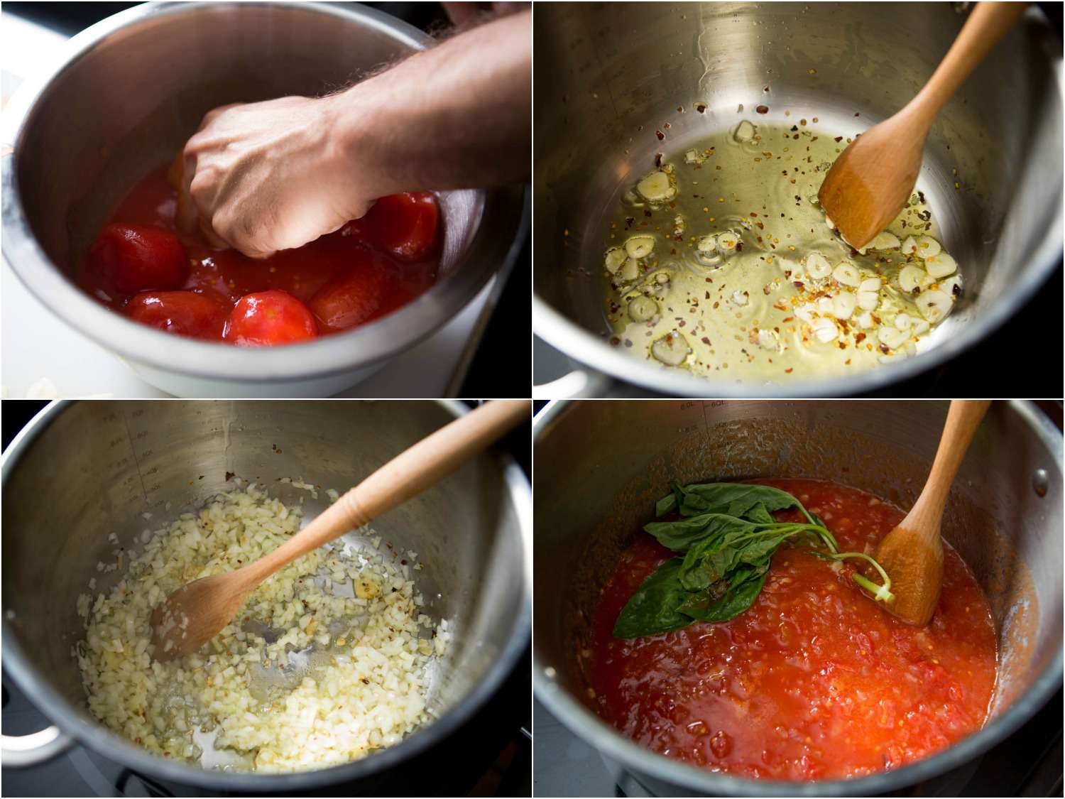 Collage of tomatoes being crushed in a prep bowl. Garlic, red pepper flakes, and onion are cooked in a saucepan, then crushed tomatoes and basil are added.