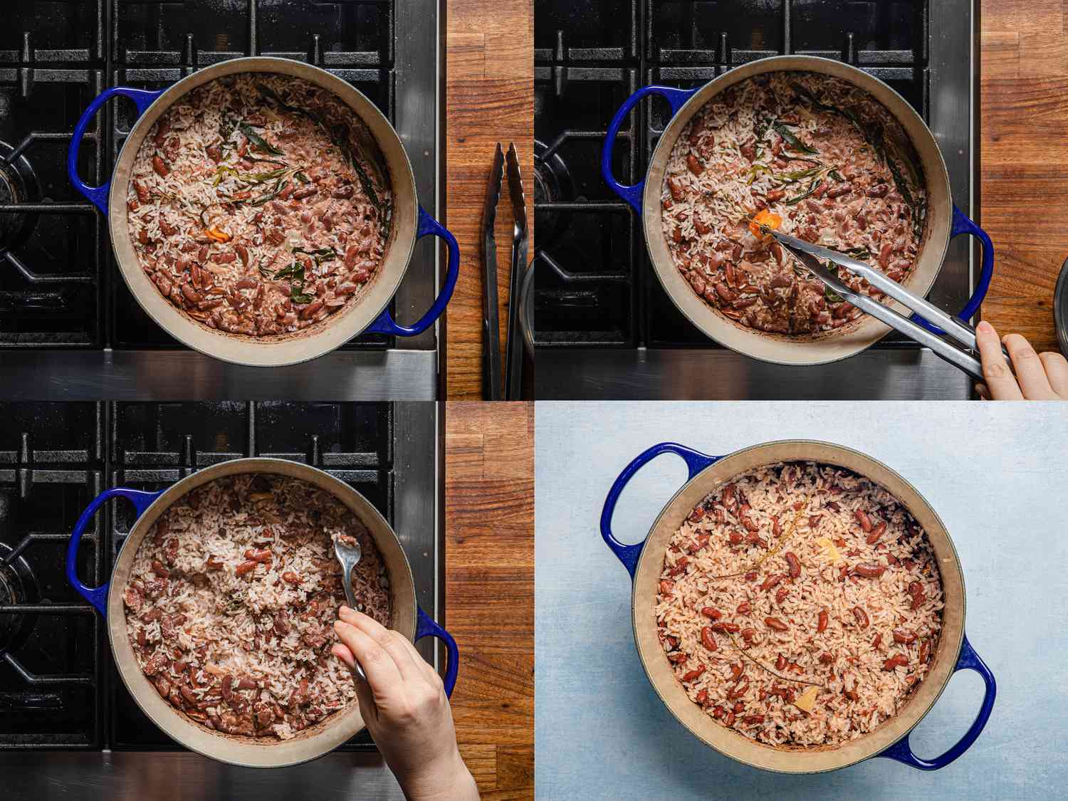 四幅图片拼贴的俯视图，在锅中完成烹饪的大米，去除苏格兰帽，蓬松的大米，和一锅牙买加大米和豌豆在一个蓝色的表面