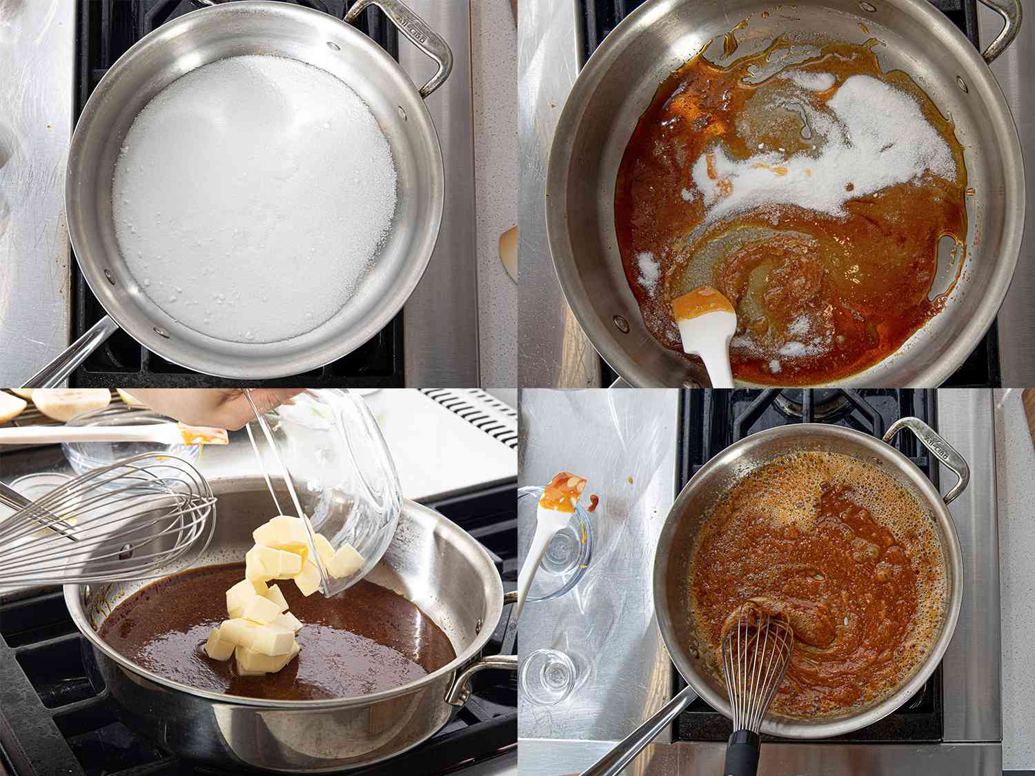 Four image collage of making caramel on the stove