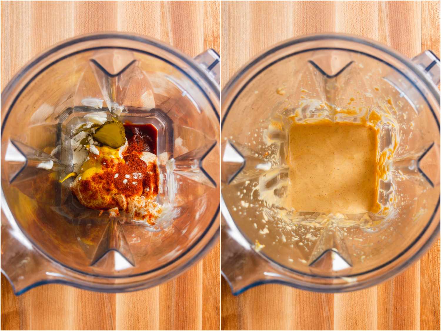 两幅图像的拼贴画。左图显示的是搅拌机碗里的Shack酱料，还没有混合，右图显示的是混合后的酱开云体育波胆料。