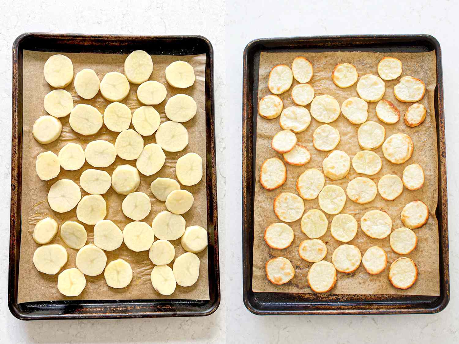 两个图像拼贴。左:生土豆片在一个平底锅。右:平底锅烤土豆片
