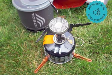 jetboil stash with pot and bag of freeze dried food in background