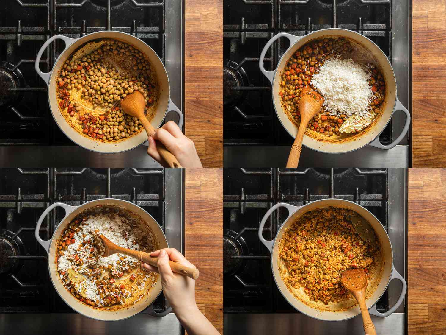 四个图像拼贴的头的豌豆和水稻添加到火腿和搅拌充分结合