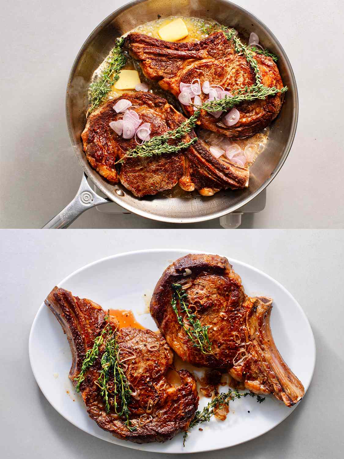 两张图片拼贴，展示了烤好的肋眼牛排，首先放在煎锅里，然后放在一个白色的椭圆形盘子里。gydF4y2Ba