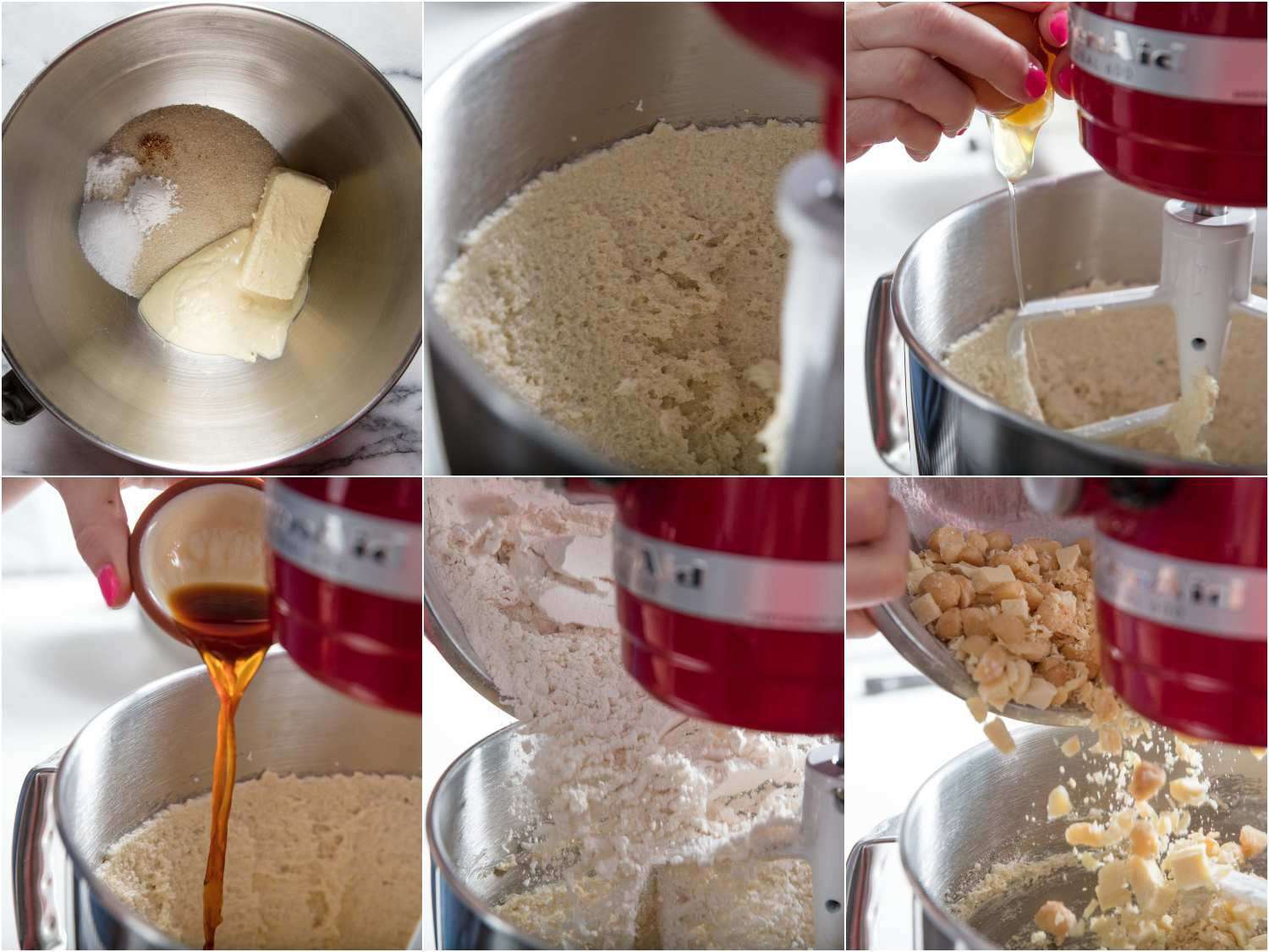 拼贴奶油奶油饼干面团，加入鸡蛋，香草精，面粉和白巧克力块。gydF4y2Ba