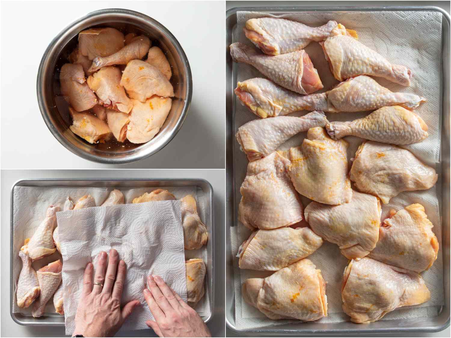 拼贴鸡块被卤水，然后从卤水中取出，在纸巾上烘干
