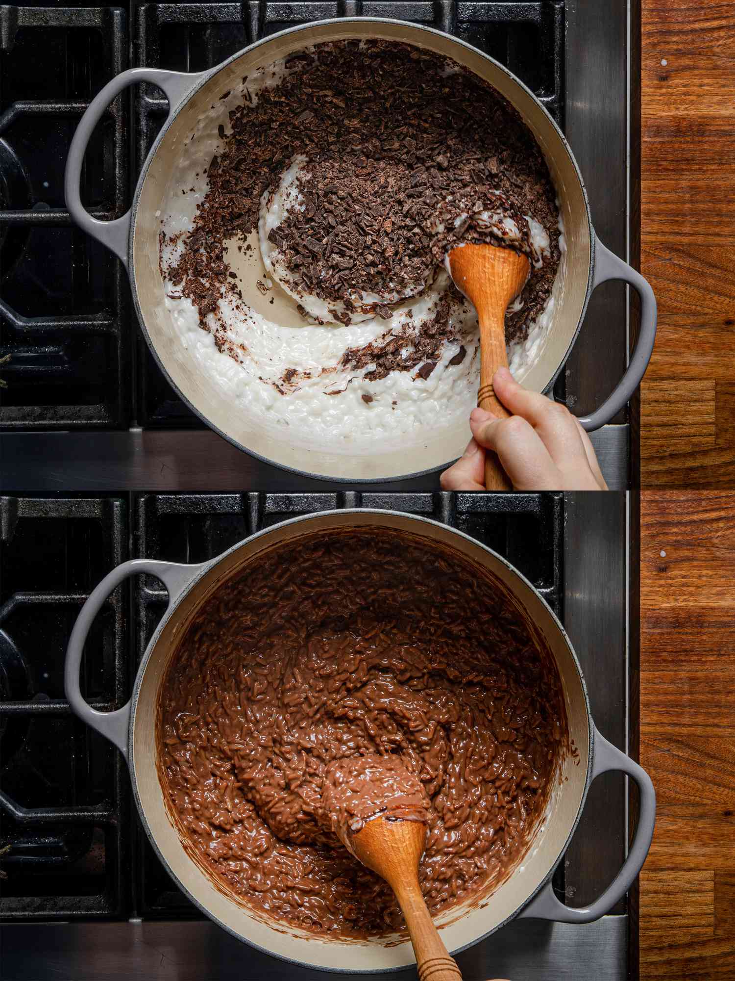 两个图像拼贴的顶视图的巧克力被添加到锅,充分整合到水稻混合物