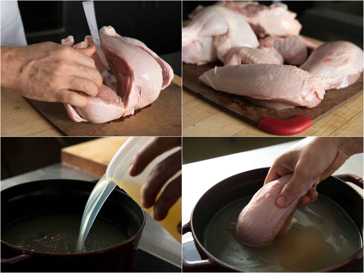 分解鸡肉加入鸡汤汤的照片拼贴:整只鸡切去鸡胸肉，鸡肉分成几部分，往锅里加入高汤，把鸡肉放入高汤gydF4y2Ba