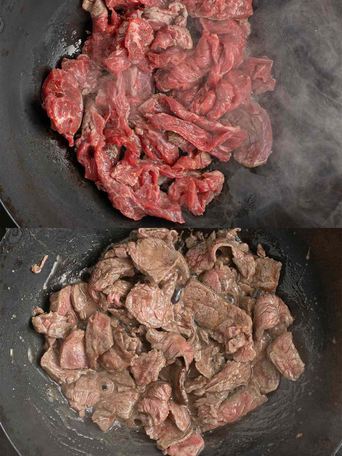 两幅图像的拼贴画。上图显示了腌好的牛肉摊在涂了油的热碳钢锅上。下面这张图显示的是几乎在锅里煮熟的牛肉。
