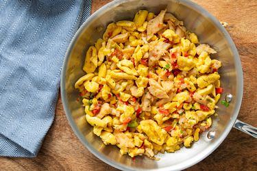 A skillet of homemade Jamaican ackee and saltfish.