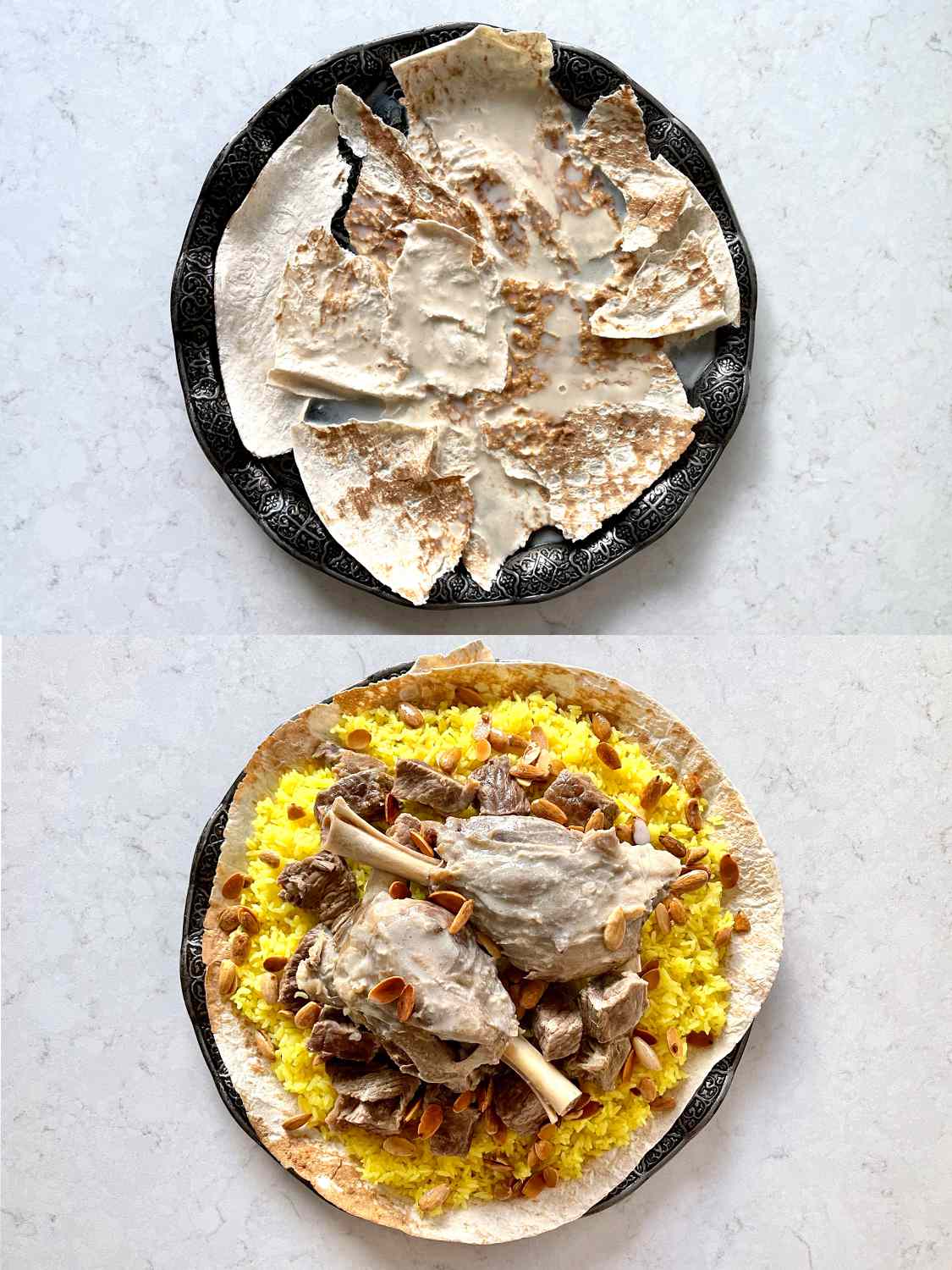 包含两个图像拼贴的面包酸奶然后米饭和羊肉添加上