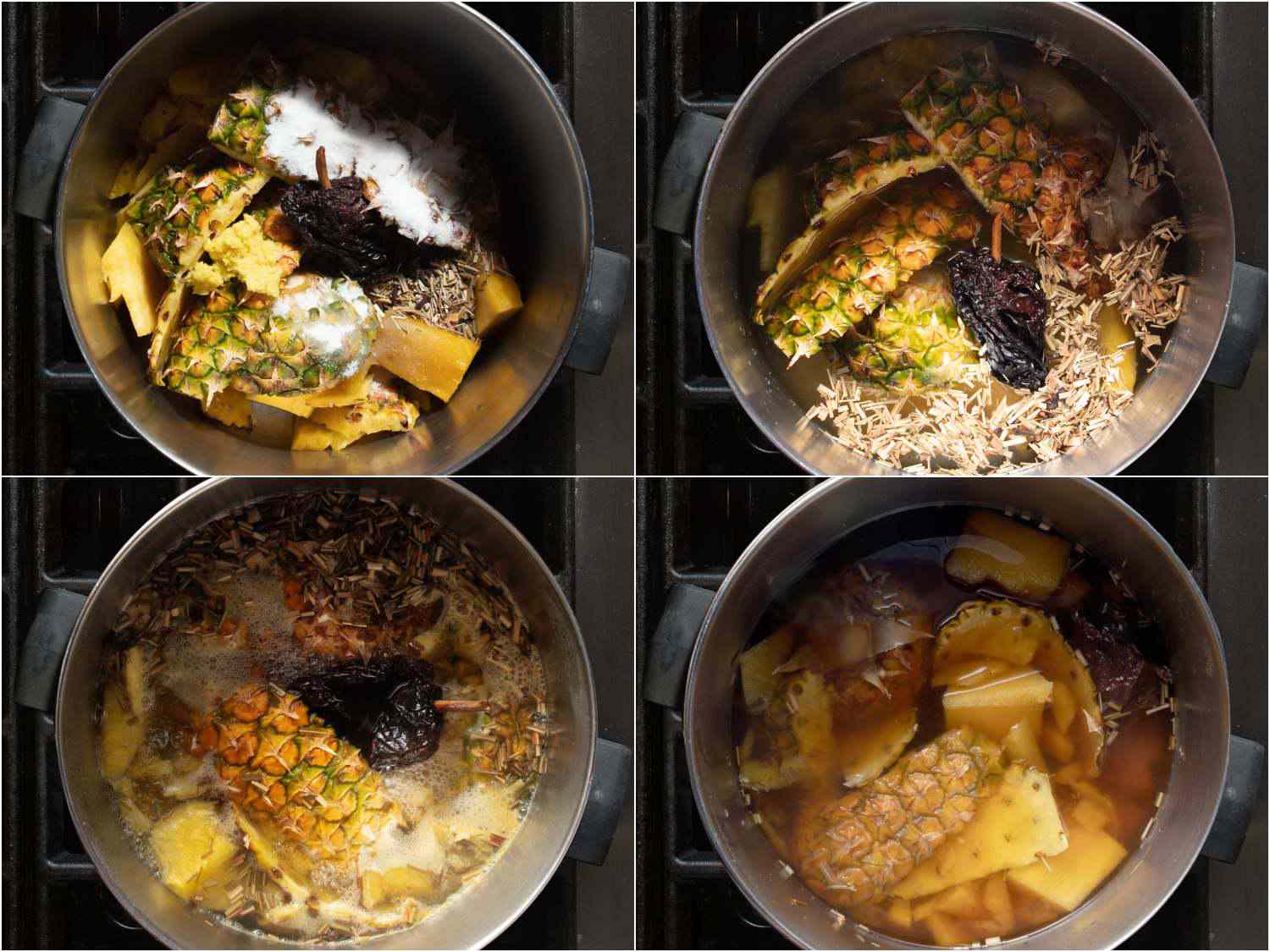 拼贴:菠萝核和菠萝皮，糖，辣椒和香料在锅里;水说;慢炖后的;在烹饪gydF4y2Ba