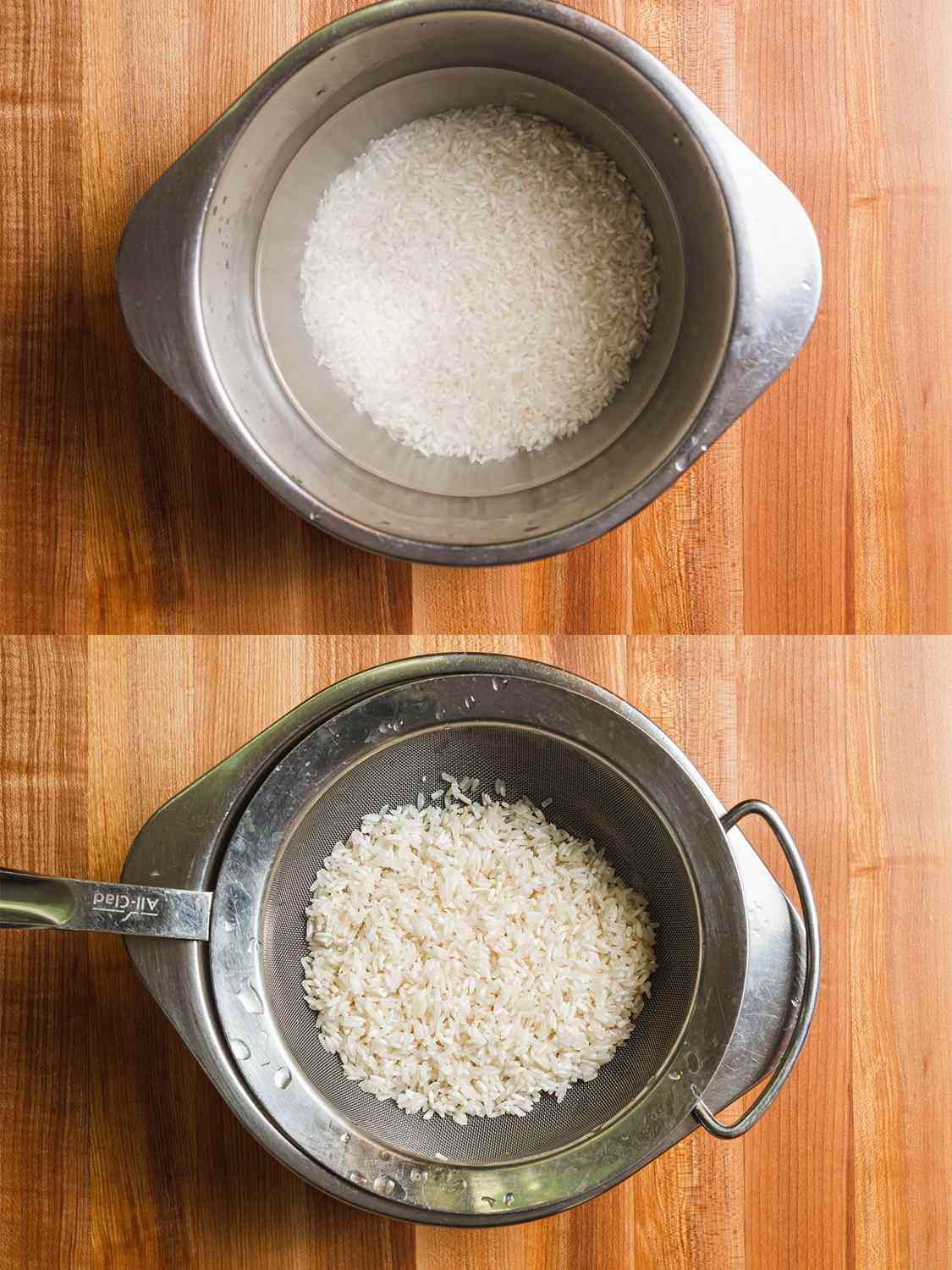 两幅图像拼贴。上图:浸泡在金属碗里的米饭。下图:正在过滤的大米
