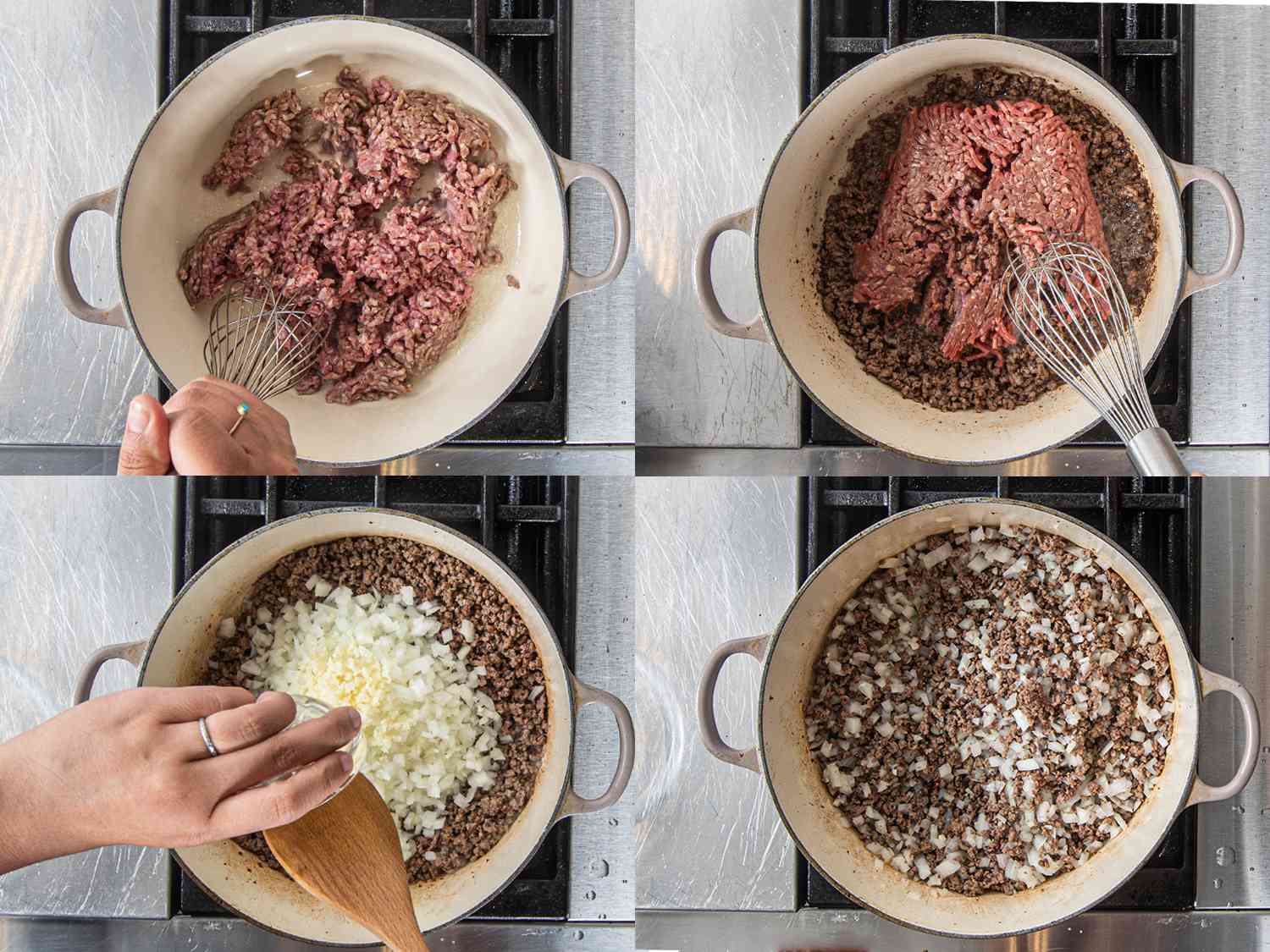 四个图像拼贴。左上:用打蛋器在锅里捣碎肉。右上:在熟肉中加入更多的生肉。左下:大蒜和洋葱加入锅中的肉。右下:洋葱和肉在锅中烹饪