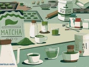 抹茶粉罐和袋的插图,与杯抹茶酿造,抹茶烘焙食品,和抹茶拿铁。