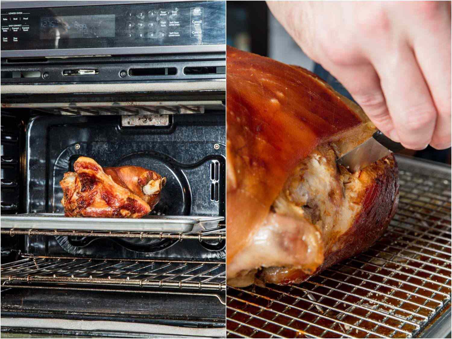 用去皮刀检查慢烤的猪肩肉是否熟透。