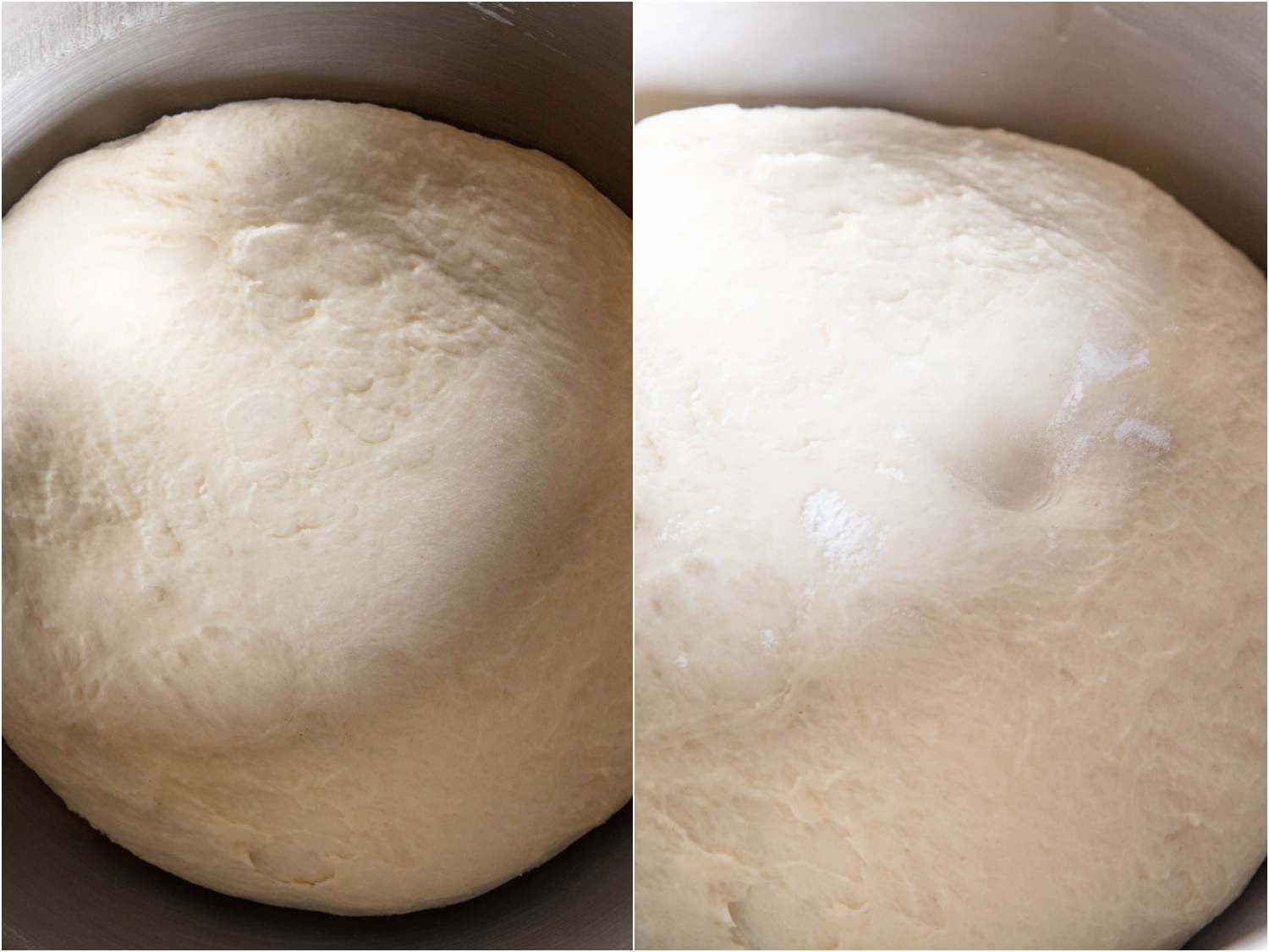 照片拼贴显示未发酵的肉桂卷面团(左)和完全发酵的肉桂卷面团(右)。gydF4y2Ba