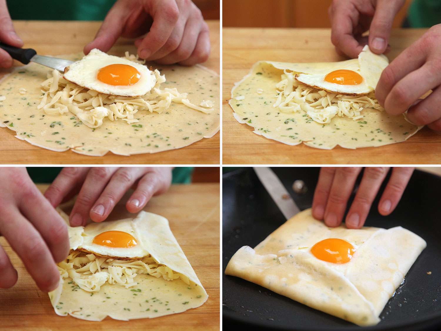 用单面朝上的鸡蛋填充可丽饼的拼贴画:把鸡蛋放在可丽饼的中心，在一堆切碎的奶酪上，把边缘向中心折叠，把填满的可丽饼放在锅里gydF4y2Ba
